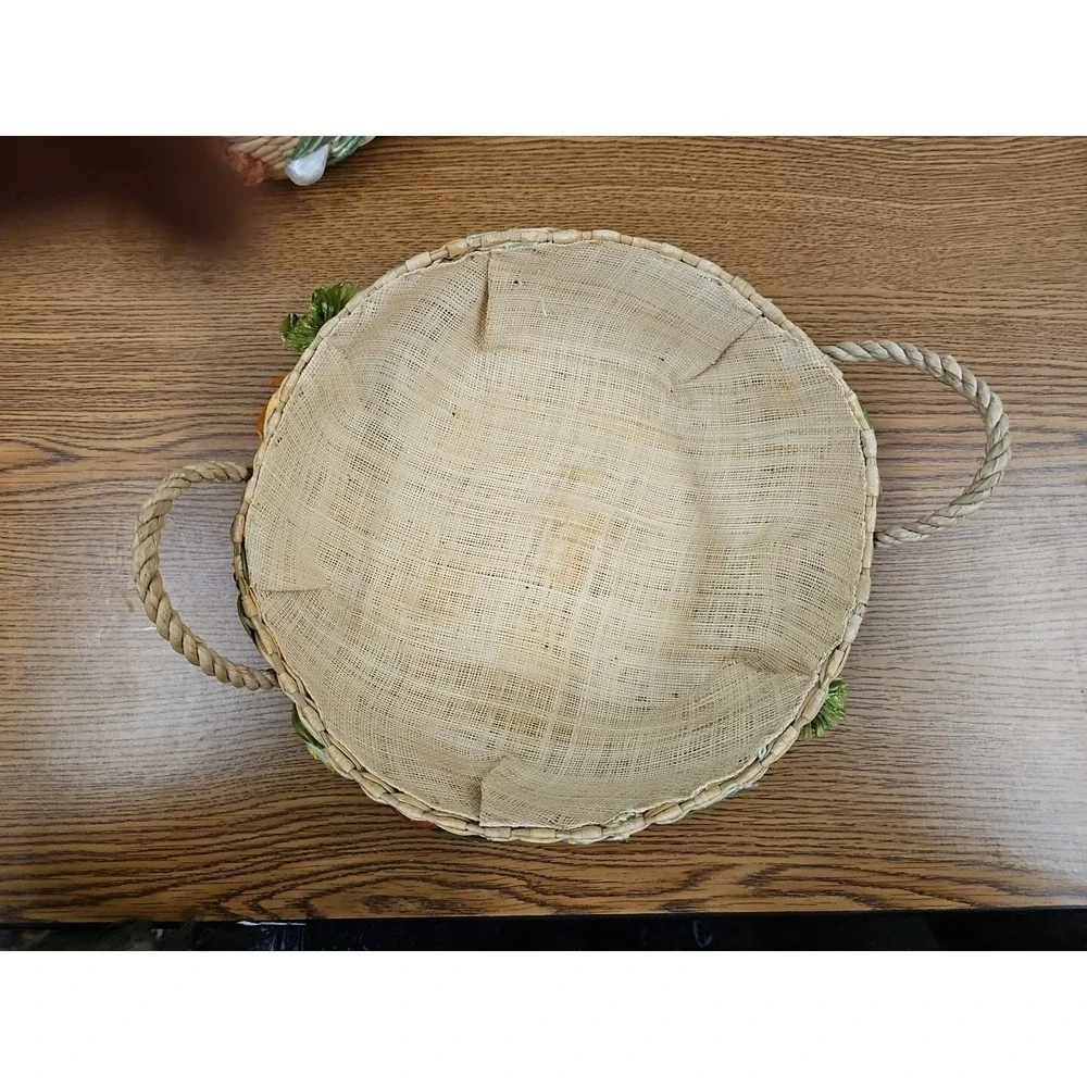 Vintage 2 Mid Century Round Nesting Wicker Baskets w/ Colorful Raffia Vegetables